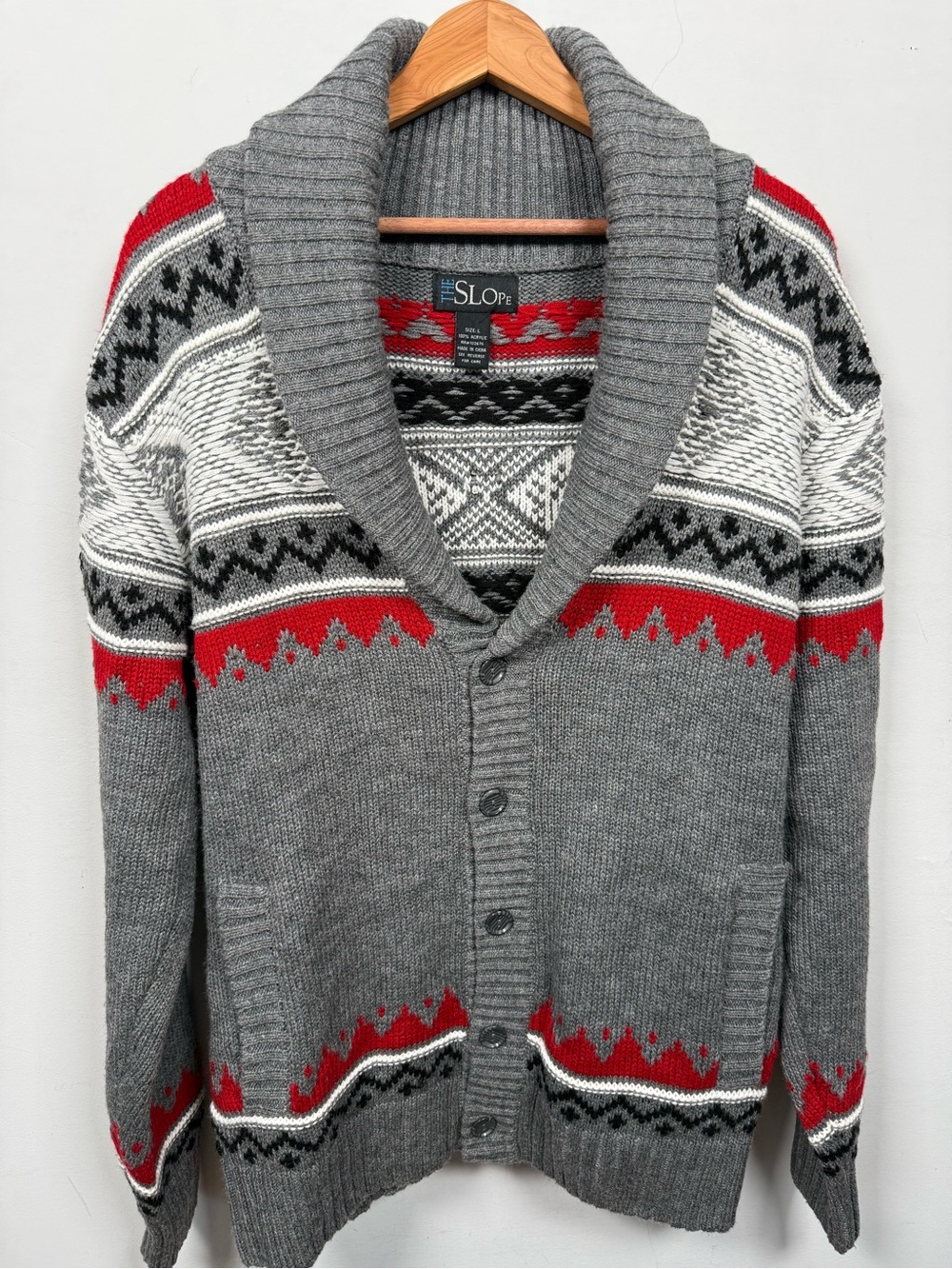 The Slope Mens L Shawl Collar Cardigan Gray Red Aztec Fair Isle Sweater